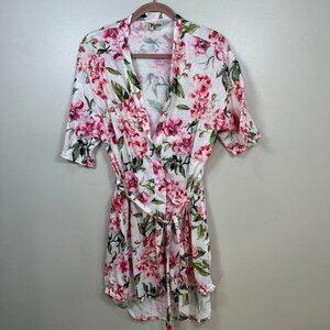 Show Me Your Mumu Womens One Size Floral Robe White Pink Belted Lightweight